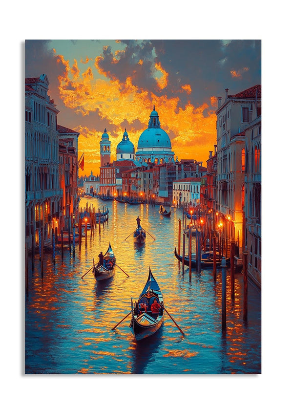 Venetian canal with gondolas at sunset, featuring the Basilica di Santa Maria della Salute, as a premium aluminum metal print from GoMetalPrint.
