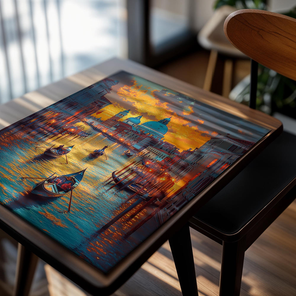 Venetian canal with gondolas at sunset, featuring the Basilica di Santa Maria della Salute, as a premium aluminum metal print from GoMetalPrint.
