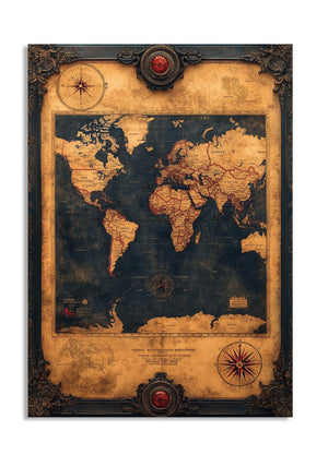 World map with decorative frame and compasses on a white background, as a premium aluminum metal print from GoMetalPrint.
