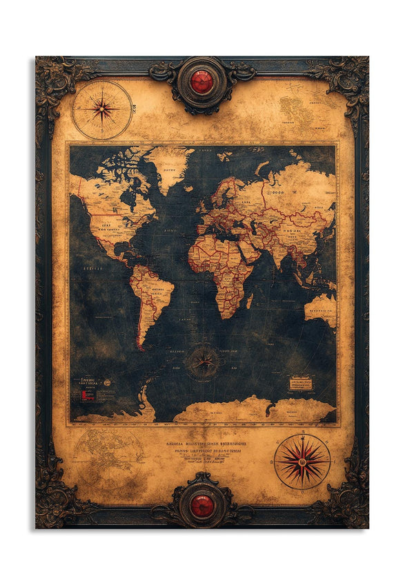 World map with decorative frame and compasses on a white background, as a premium aluminum metal print from GoMetalPrint.
