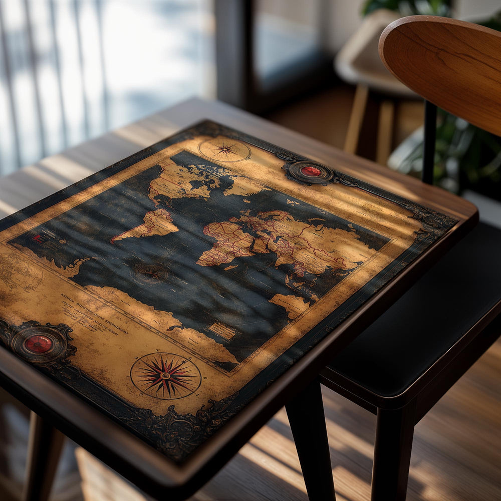 World map with decorative frame and compasses on a white background, as a premium aluminum metal print from GoMetalPrint.
