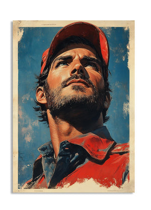 Artistic depiction of a person wearing a red cap and jacket against a blue sky, as a premium aluminum metal print from GoMetalPrint.
