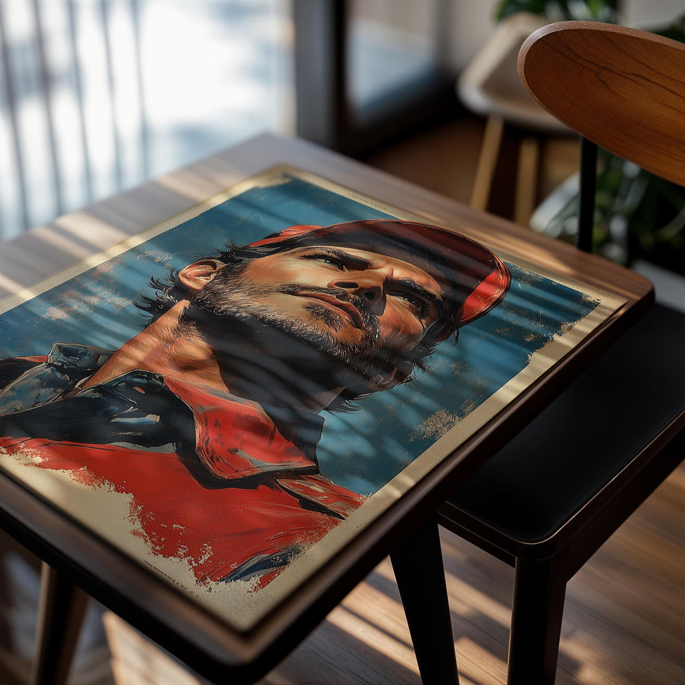 Artistic depiction of a person wearing a red cap and jacket against a blue sky, as a premium aluminum metal print from GoMetalPrint.
