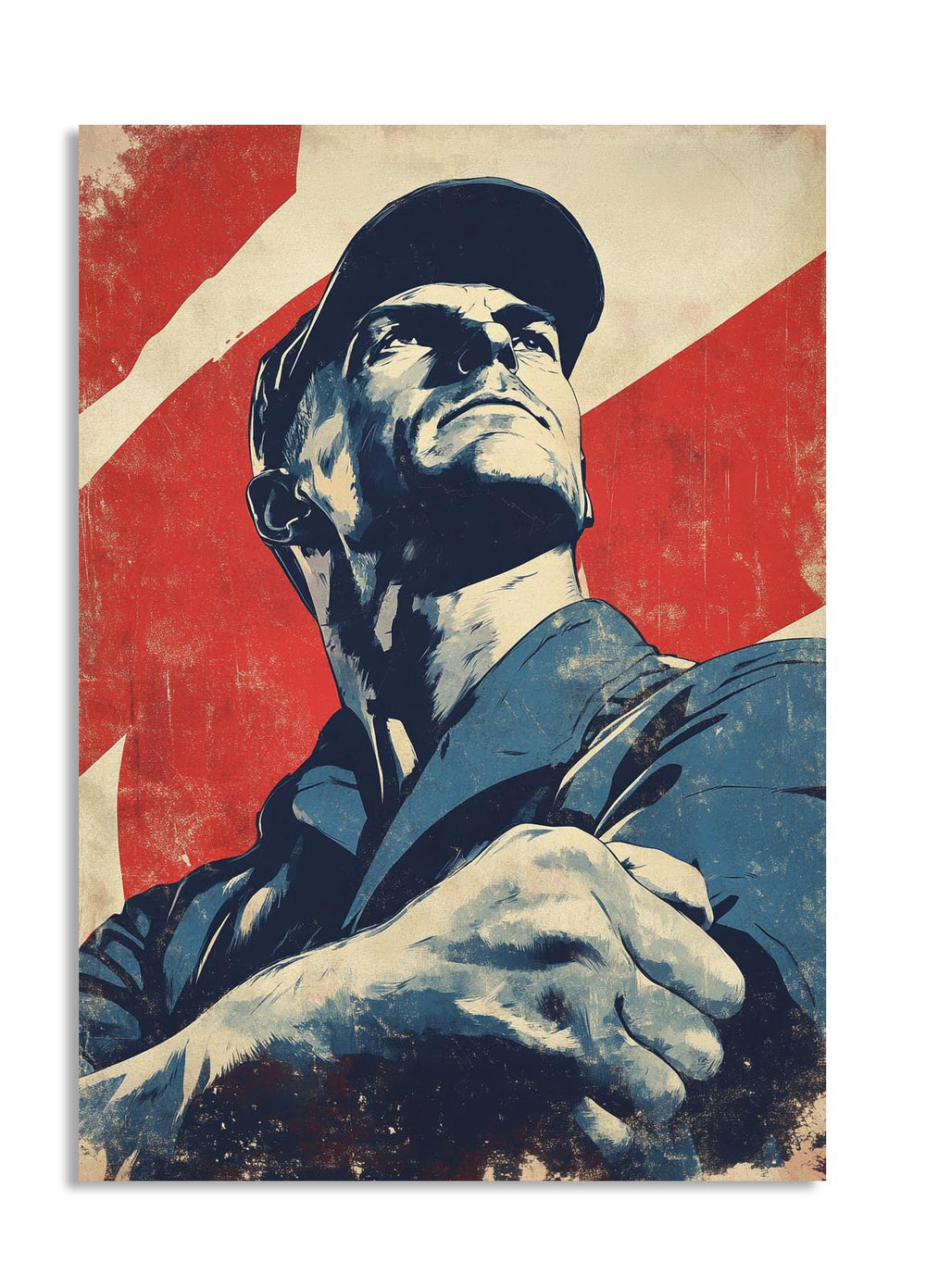 Vintage-style poster of a man with crossed arms against a red and beige background, as a premium aluminum metal print from GoMetalPrint.
