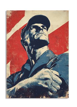 Vintage-style poster of a man with crossed arms against a red and beige background, as a premium aluminum metal print from GoMetalPrint.
