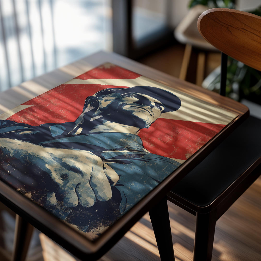 Vintage-style poster of a man with crossed arms against a red and beige background, as a premium aluminum metal print from GoMetalPrint.
