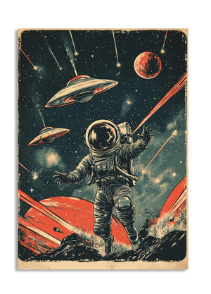 Vintage-style illustration of an astronaut, UFOs, and a planet in space, as a premium aluminum metal print from GoMetalPrint.
