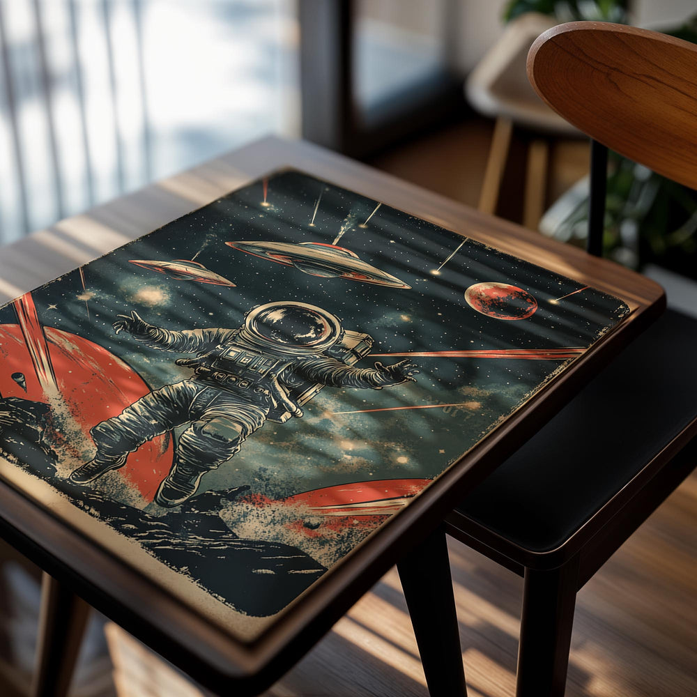 Vintage-style illustration of an astronaut, UFOs, and a planet in space, as a premium aluminum metal print from GoMetalPrint.
