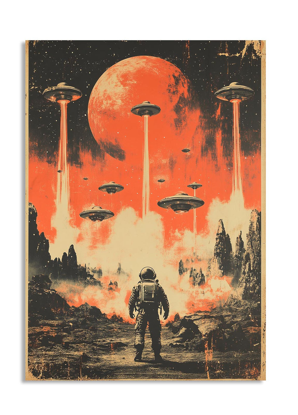 Artistic depiction of an astronaut looking at flying saucers against a red planet and sky, as a premium aluminum metal print from GoMetalPrint.
