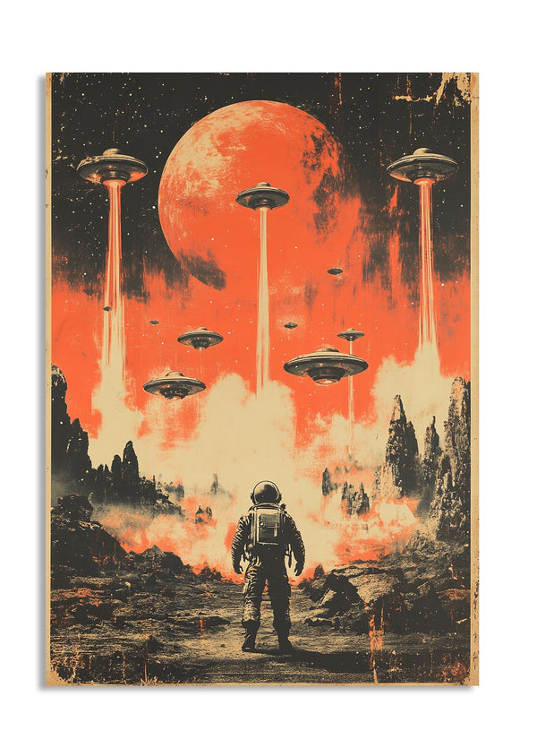Artistic depiction of an astronaut looking at flying saucers against a red planet and sky, as a premium aluminum metal print from GoMetalPrint.
