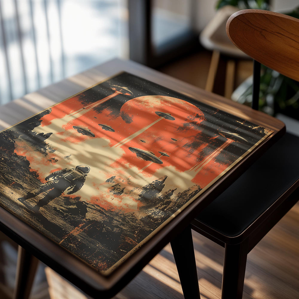 Artistic depiction of an astronaut looking at flying saucers against a red planet and sky, as a premium aluminum metal print from GoMetalPrint.
