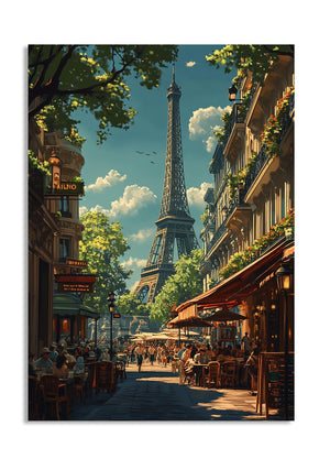 Street scene with Eiffel Tower in Paris, France, as a premium aluminum metal print from GoMetalPrint.
