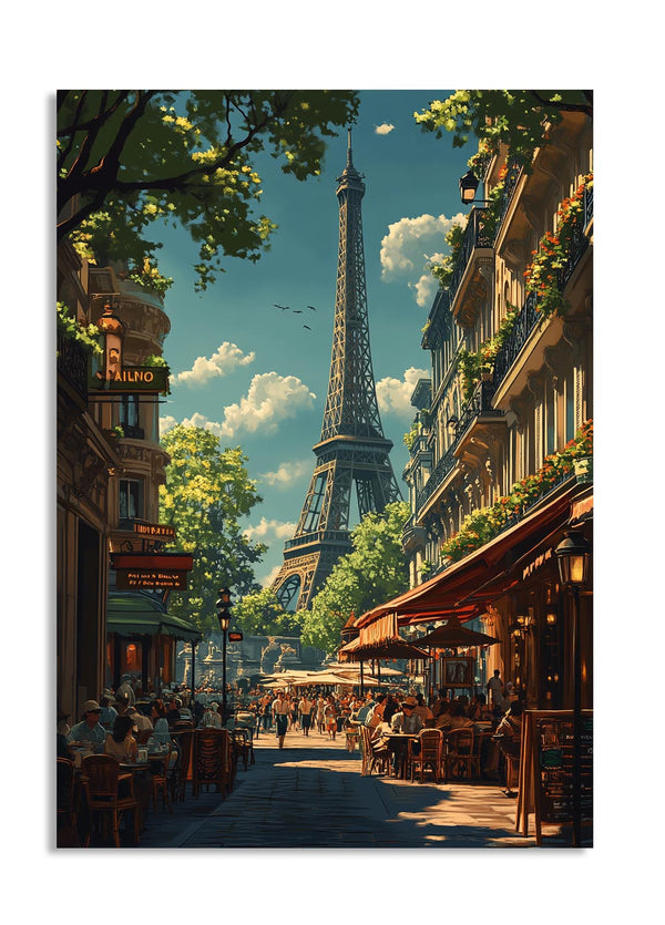 Street scene with Eiffel Tower in Paris, France, as a premium aluminum metal print from GoMetalPrint.
