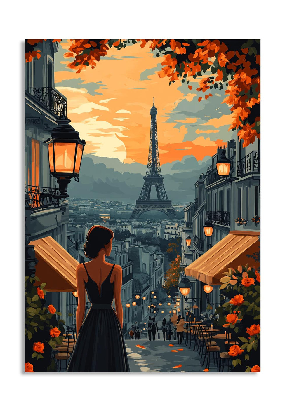 Woman in a dress standing on a Paris street with the Eiffel Tower in the background, as a premium aluminum metal print from GoMetalPrint.
