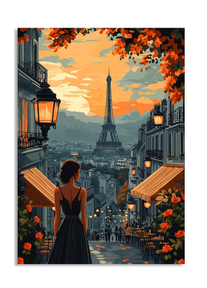 Woman in a dress standing on a Paris street with the Eiffel Tower in the background, as a premium aluminum metal print from GoMetalPrint.
