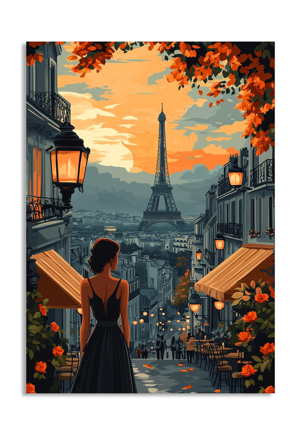 Woman in a dress standing on a Paris street with the Eiffel Tower in the background, as a premium aluminum metal print from GoMetalPrint.
