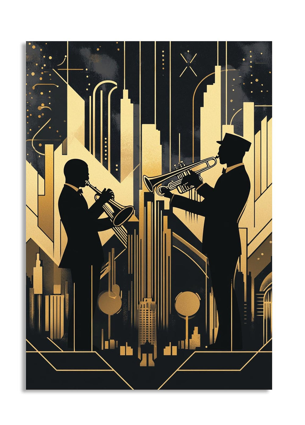 Art Deco-style poster with two musicians playing trumpets against a city skyline, as a premium aluminum metal print from GoMetalPrint.
