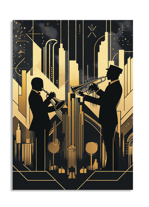 Art Deco-style poster with two musicians playing trumpets against a city skyline, as a premium aluminum metal print from GoMetalPrint.

