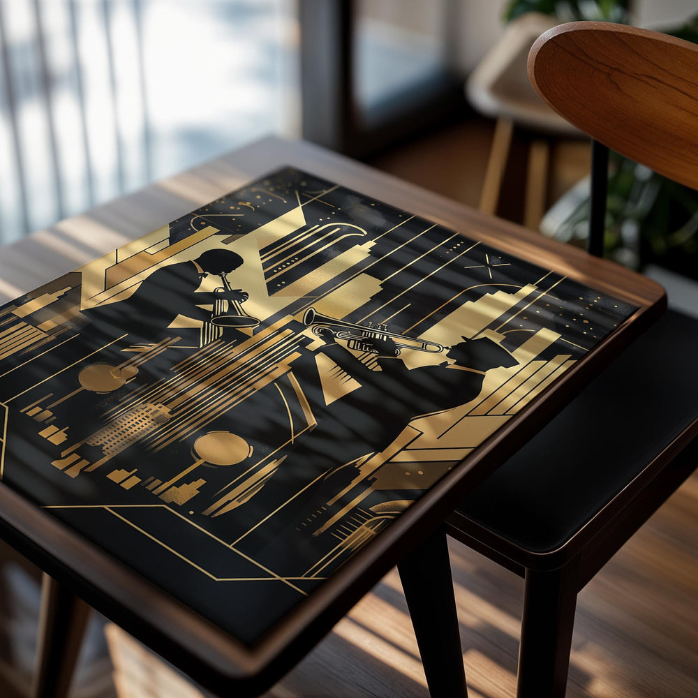 Art Deco-style poster with two musicians playing trumpets against a city skyline, as a premium aluminum metal print from GoMetalPrint.
