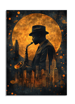 Saxophonist silhouette against a city skyline with a large moon in the background, as a premium aluminum metal print from GoMetalPrint.
