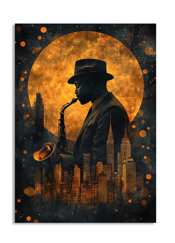 Saxophonist silhouette against a city skyline with a large moon in the background, as a premium aluminum metal print from GoMetalPrint.
