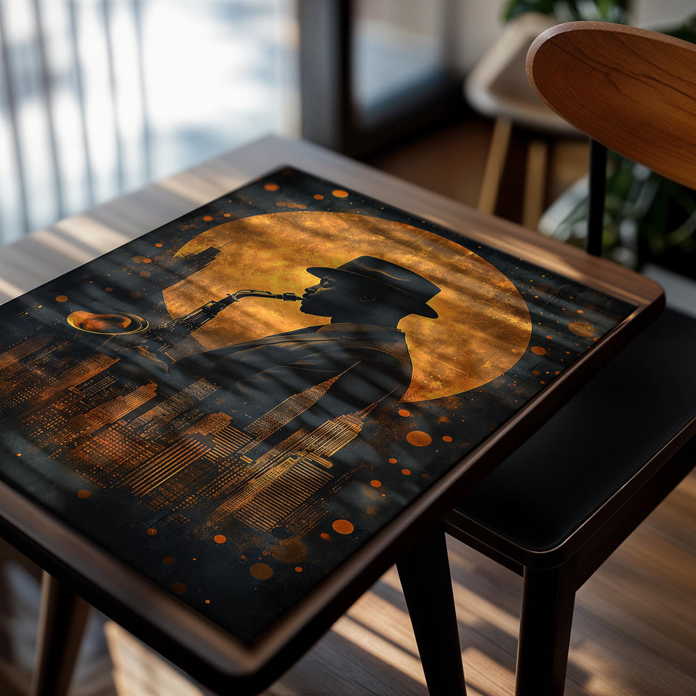 Saxophonist silhouette against a city skyline with a large moon in the background, as a premium aluminum metal print from GoMetalPrint.
