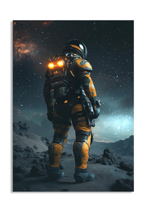 A person in a futuristic astronaut suit standing on a barren planet with a starry sky, as a premium aluminum metal print from GoMetalPrint.
