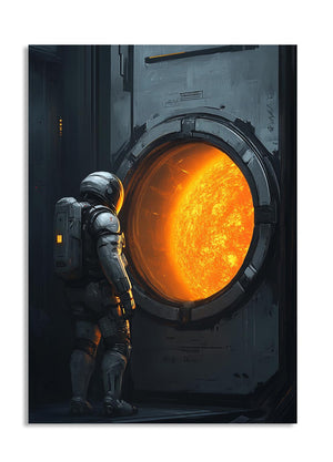 Astronaut in a space suit looking out at the sun through a spacecraft window, as a premium aluminum metal print from GoMetalPrint.
