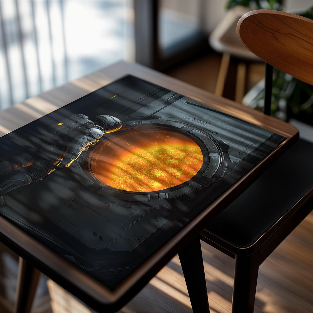 Astronaut in a space suit looking out at the sun through a spacecraft window, as a premium aluminum metal print from GoMetalPrint.
