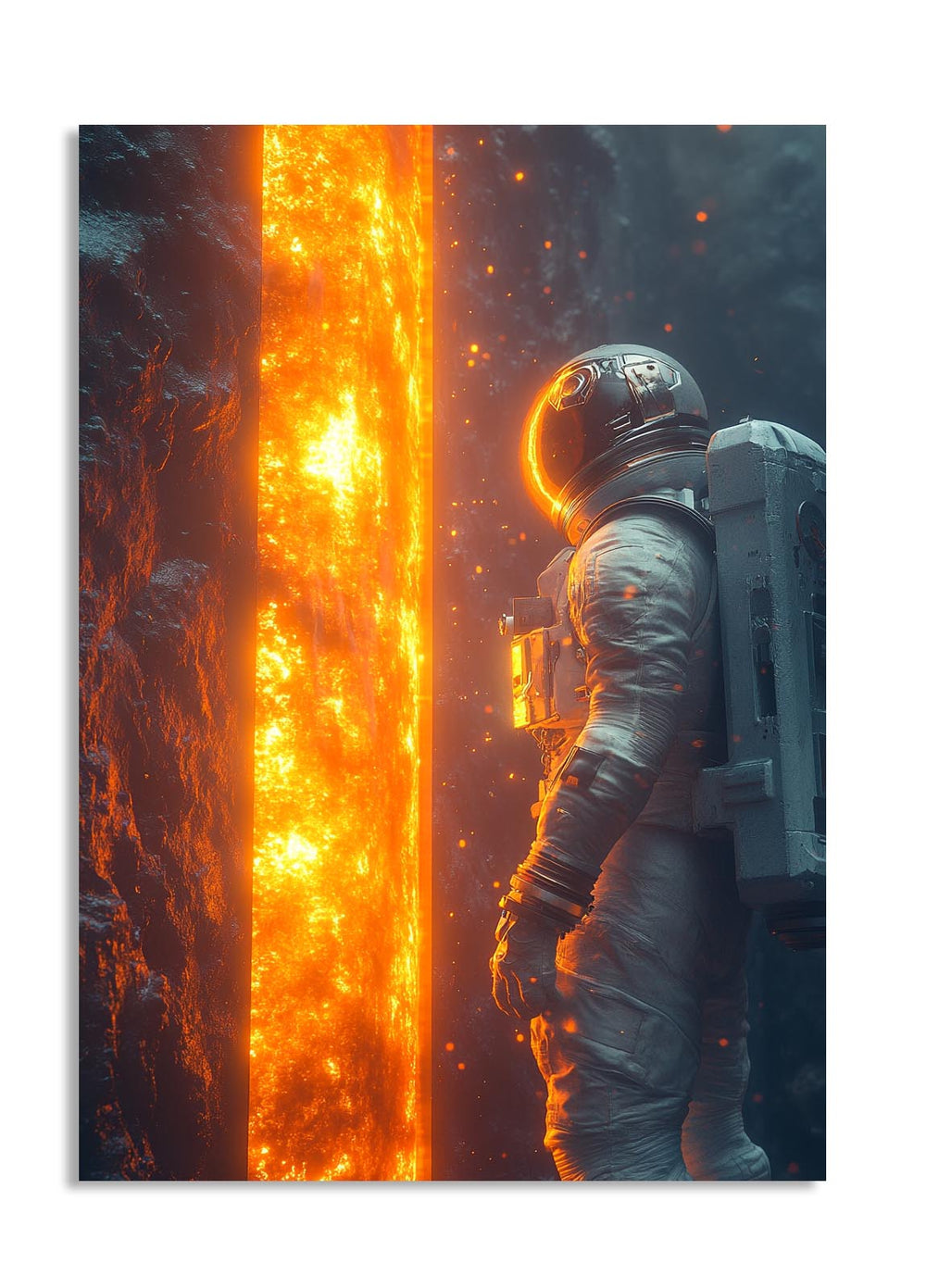 Astronaut in space with a fiery background, as a premium aluminum metal print from GoMetalPrint.
