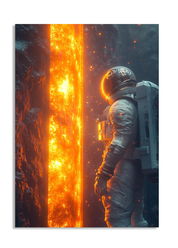 Astronaut in space with a fiery background, as a premium aluminum metal print from GoMetalPrint.
