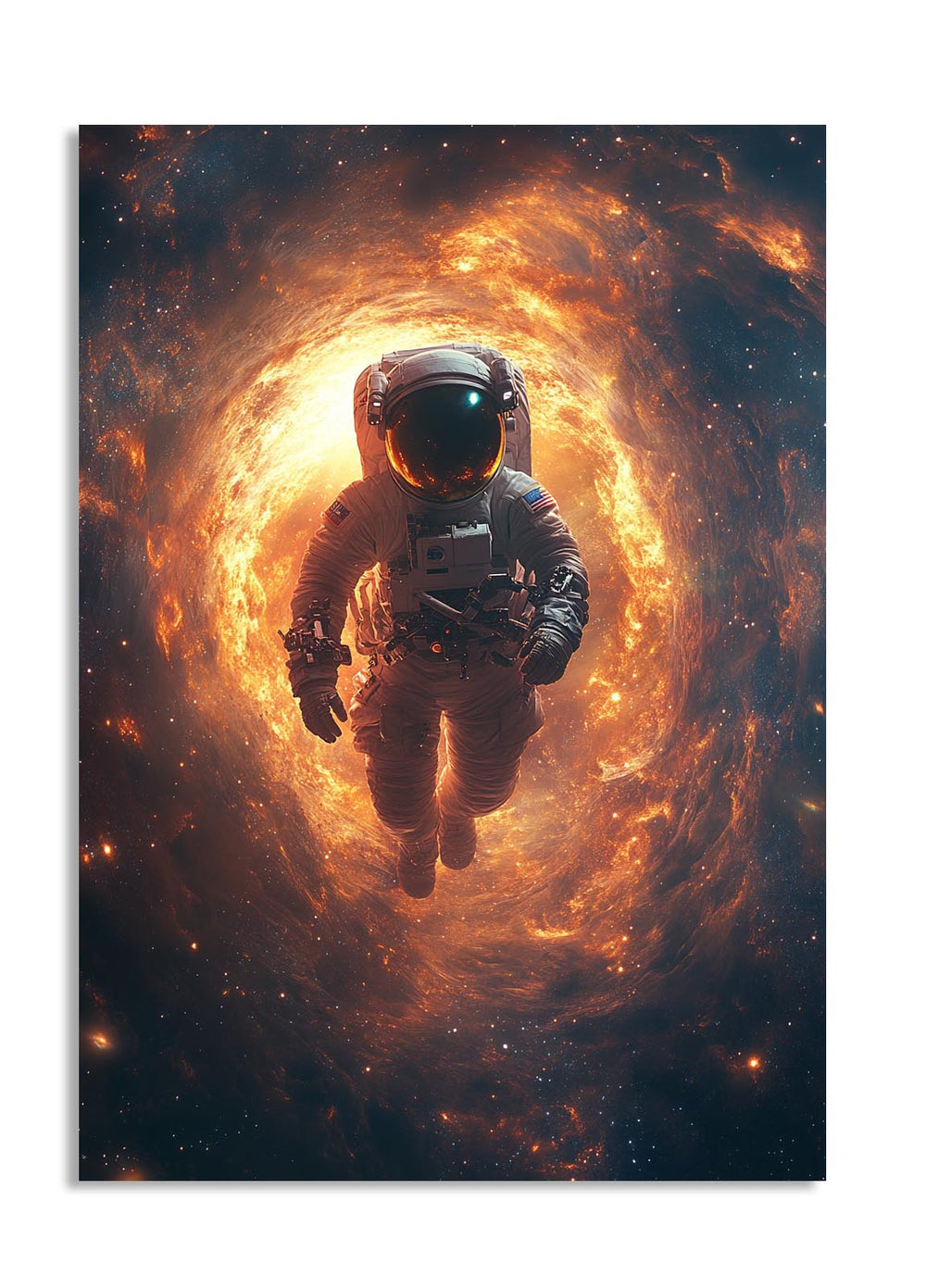 Astronaut in space with a fiery background, as a premium aluminum metal print from GoMetalPrint.
