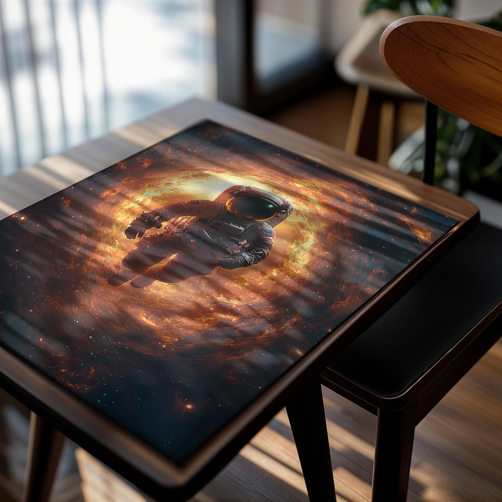 Astronaut in space with a fiery background, as a premium aluminum metal print from GoMetalPrint.
