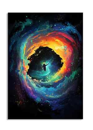 Colorful spiral galaxy with a person at the center on a black background, as a premium aluminum metal print from GoMetalPrint.
