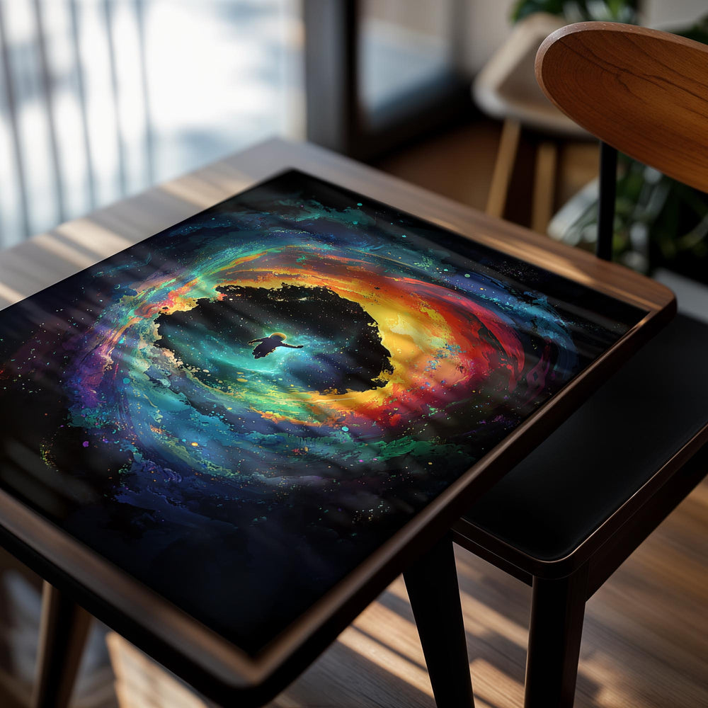Colorful spiral galaxy with a person at the center on a black background, as a premium aluminum metal print from GoMetalPrint.
