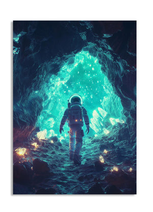 Astronaut exploring a glowing blue cave-like formation, as a premium aluminum metal print from GoMetalPrint.
