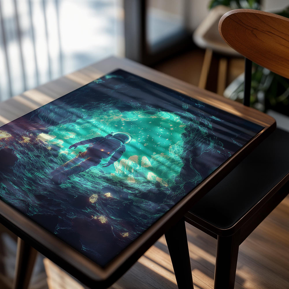 Astronaut exploring a glowing blue cave-like formation, as a premium aluminum metal print from GoMetalPrint.
