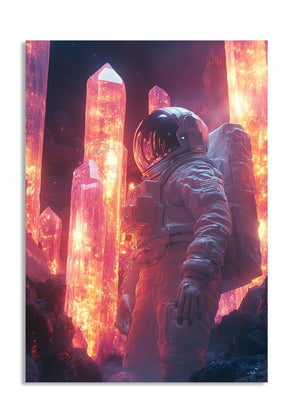 Astronaut standing among glowing pink crystals in a dark space setting, as a premium aluminum metal print from GoMetalPrint.
