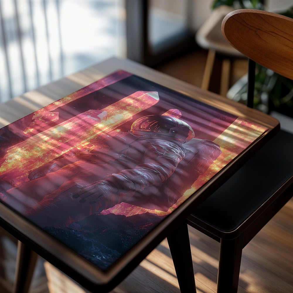 Astronaut standing among glowing pink crystals in a dark space setting, as a premium aluminum metal print from GoMetalPrint.
