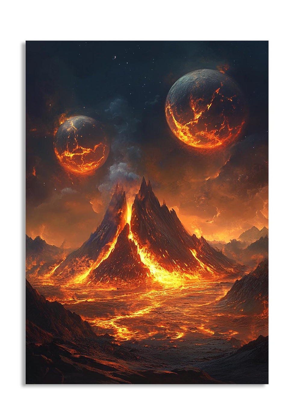 Majestic mountain with lava flowing, surrounded by fiery celestial bodies in a dark sky, as a premium aluminum metal print from GoMetalPrint.

