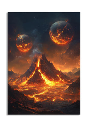 Majestic mountain with lava flowing, surrounded by fiery celestial bodies in a dark sky, as a premium aluminum metal print from GoMetalPrint.
