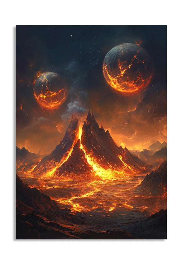 Majestic mountain with lava flowing, surrounded by fiery celestial bodies in a dark sky, as a premium aluminum metal print from GoMetalPrint.
