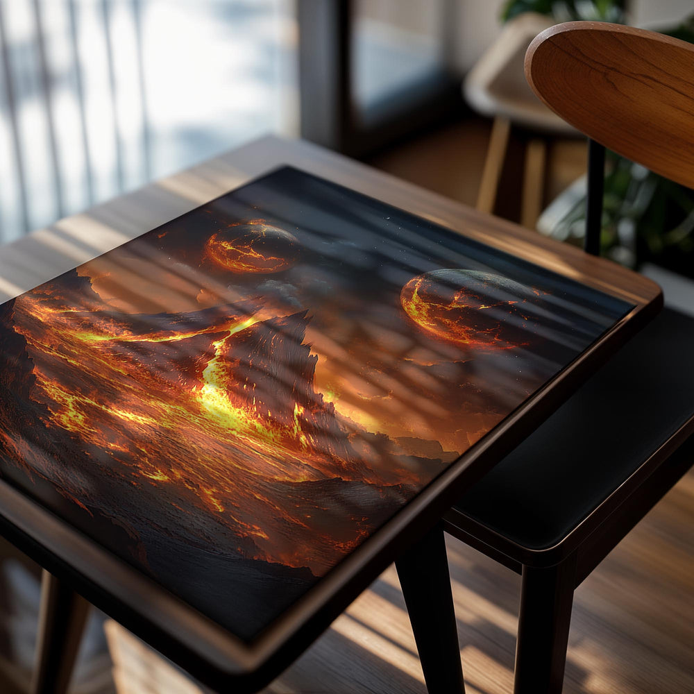 Majestic mountain with lava flowing, surrounded by fiery celestial bodies in a dark sky, as a premium aluminum metal print from GoMetalPrint.
