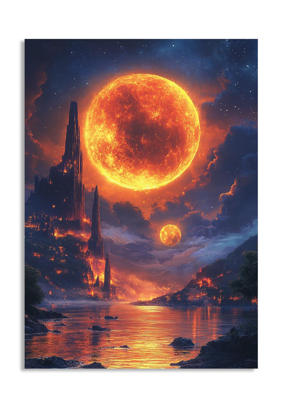 Majestic view of a sun-like planet with a futuristic city and reflective water below, as a premium aluminum metal print from GoMetalPrint.
