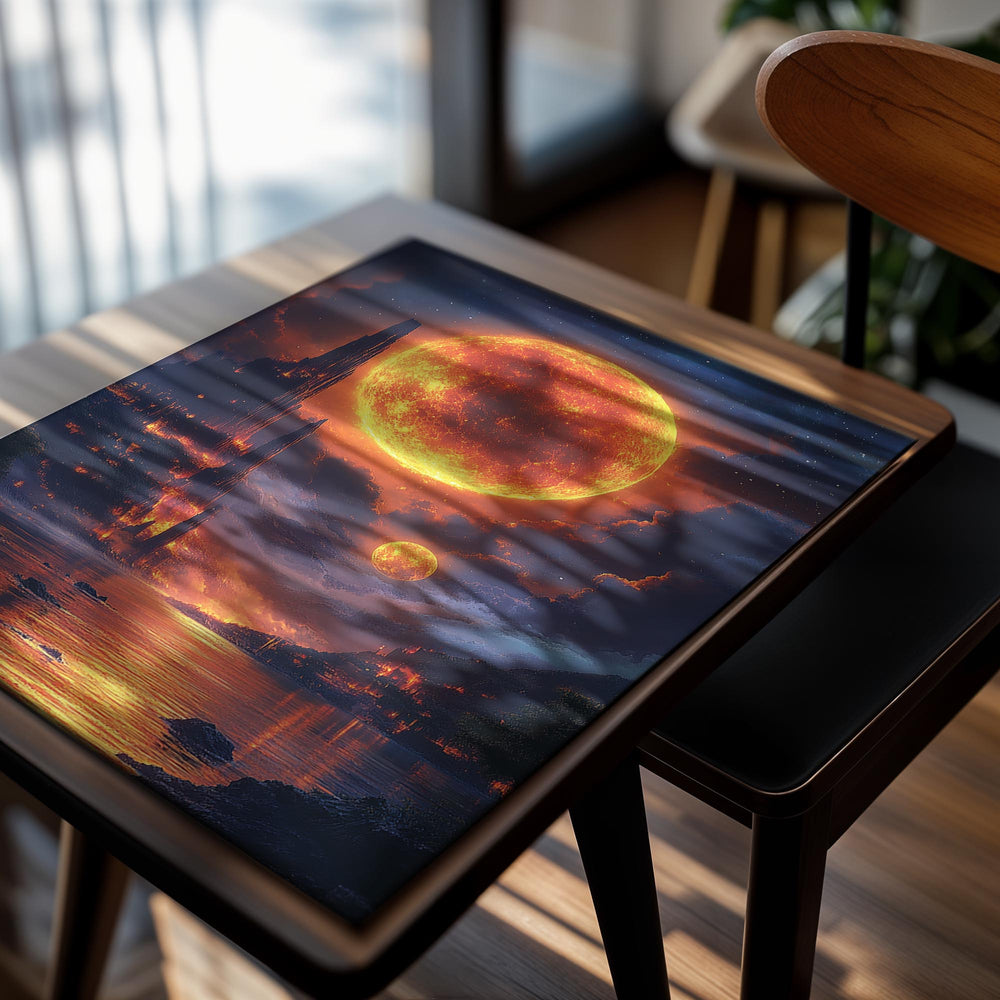 Majestic view of a sun-like planet with a futuristic city and reflective water below, as a premium aluminum metal print from GoMetalPrint.
