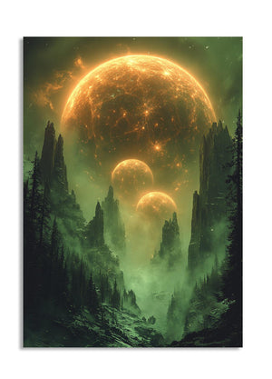 Alien landscape with glowing planets and trees, as a premium aluminum metal print from GoMetalPrint.
