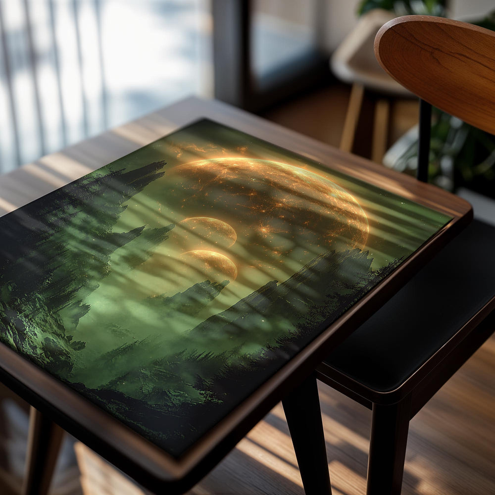 Alien landscape with glowing planets and trees, as a premium aluminum metal print from GoMetalPrint.
