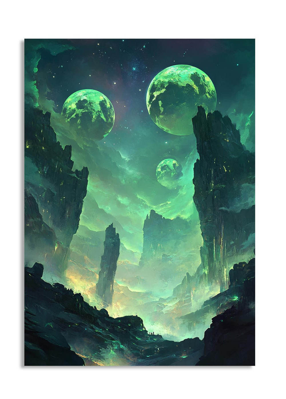 Futuristic landscape with floating planets and alien architecture, as a premium aluminum metal print from GoMetalPrint.
