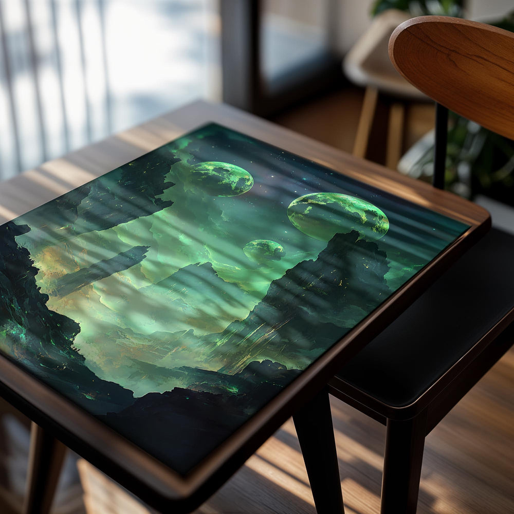 Futuristic landscape with floating planets and alien architecture, as a premium aluminum metal print from GoMetalPrint.
