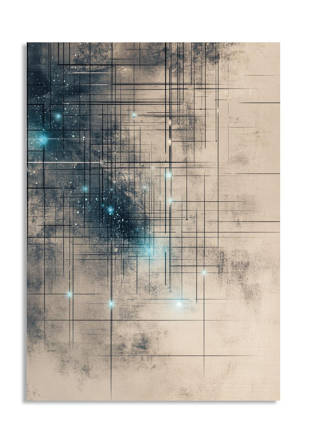 Abstract art print with geometric patterns and star-like dots on a beige background, as a premium aluminum metal print from GoMetalPrint.
